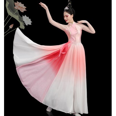 Chinese Folk Classical dance Costumes Light pink Chinese wind opening dance swing skirt atmospheric singing partner dance big skirt qipao dress