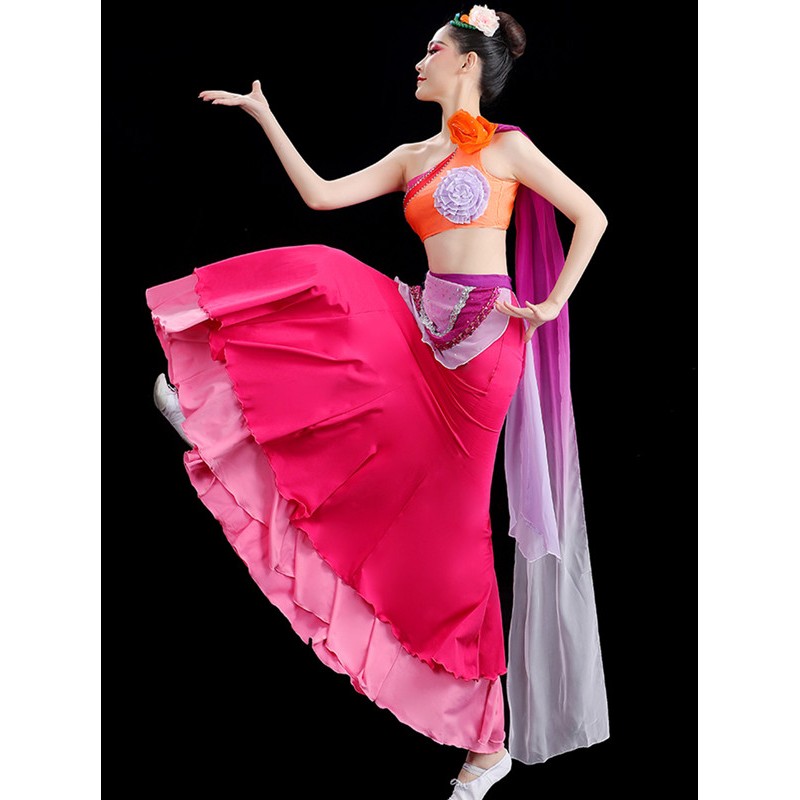 Chinese Folk Dai Dance Costume pink Fairy princess Performance Dresses Peacock Dance Yunnan Xishuangbanna dance skirts Solo Dance Art Test Practice suits