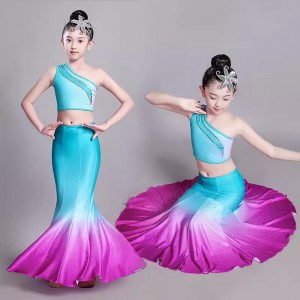 Chinese folk Dai dance costumes for girls children blue peacock dance dresses art test practicebelly dance clothes mermaid fishtail skirt for kids
