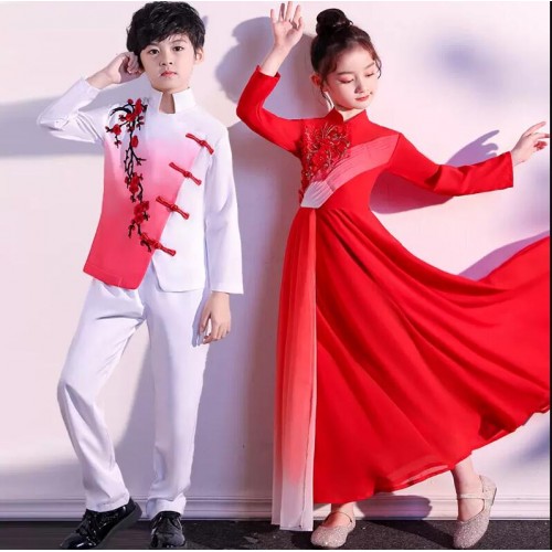 Chinese folk dance choir suit for boys girls kids Chorus performance costumes Chinese style Tang suit hanfu Red Song chour dancers clothes for children