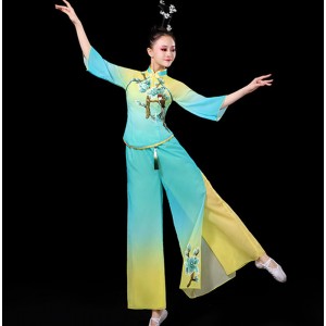 Chinese folk dance clothing for women blue with yellow yangko dance costumes for female umbrella fan dance dress 