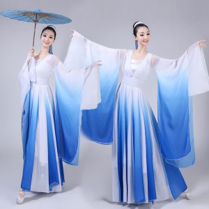 Chinese folk dance costumes ancient traditional dance hanfu royal blue gradient colored fairy drama anime cosplay stage performance dresses