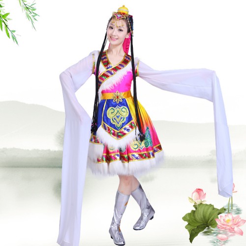 Chinese folk dance costumes ancient traditional Mongolian tibet stage performance dresses  robes