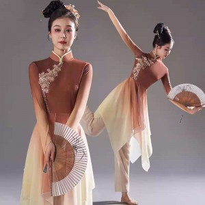 Chinese folk dance costumes ancient traditional umbrella fan dance dresses  brown hanfu Yangge performance costume Female Chinese style solo classical dance wear