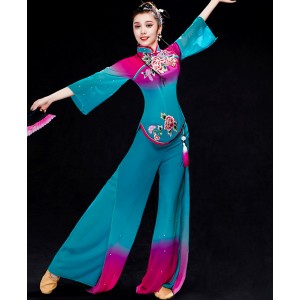 Chinese folk dance costumes ancient traditional Yangko dance costumes Female Chinese fan Classical Dance Umbrella Dance Solo Performance Costume 
