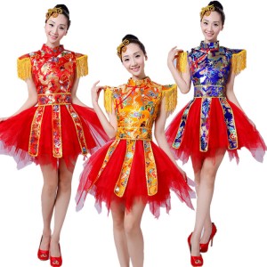 Chinese folk dance costumes dragon red gold royal blue damask drummer yangko fan dancing stage performance photos cosplay dresses