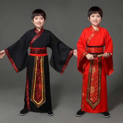 Chinese folk dance costumes for boy children kids red black ancient traditional hanfu  yangko cosplay dresses