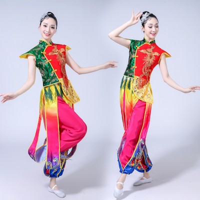 Chinese folk dance costumes for female rainbow drummer performance yangko fan dancing china style competition dance tops and pants