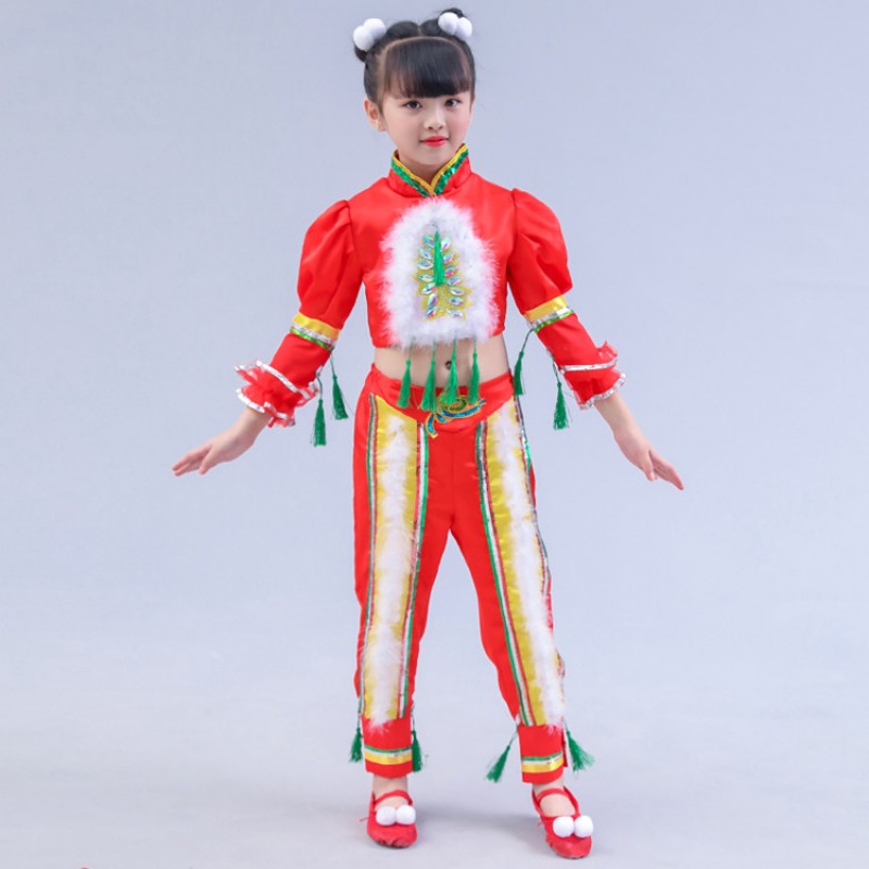 Chinese folk dance costumes  for girls children red colored new year celebration stage performance opening dancing cosplay costumes dresses