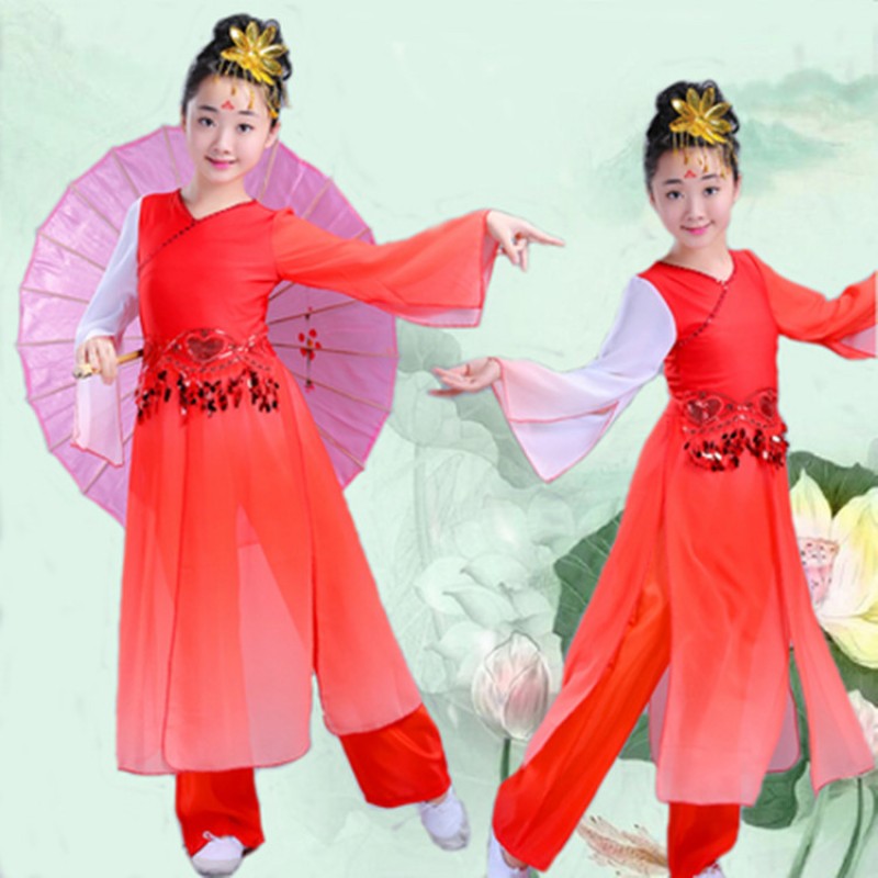 Chinese folk dance costumes for girls children red gradient colored hanfu ancient traditional yangko fairy fan umbrella dance tops and pants