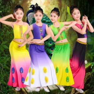 Chinese folk dance costumes for girls kids green pink peacock dance mermaid belly dance stage performance drama cosplay mermaid dresses