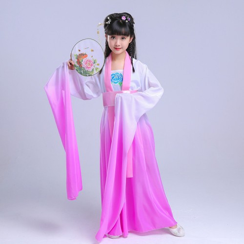 Chinese folk dance costumes for kids girls children hanfu ancient traditional drama fairy yangko waterfall sleeves pink gradient color dresses