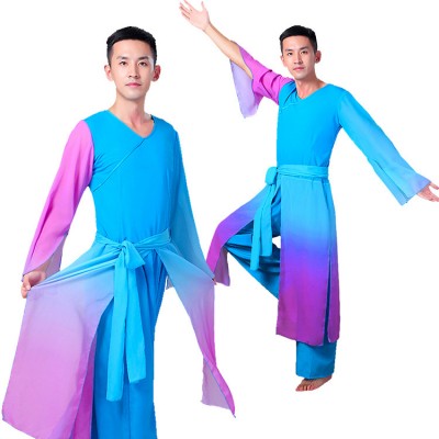 Chinese folk dance costumes for men's male ancient traditional classical fan yangko kungfu warrior modern dance clothes 