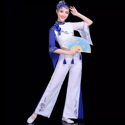 Chinese folk dance costumes for women female Ethnic blue white porcelain dance yangge fan umbrella dance dresses ethnic minority fan dance sets for woman