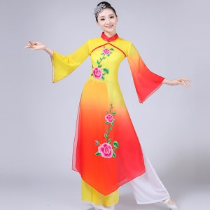 Chinese folk dance costumes for women female red yellow gradient ancient traditional classical fairy yangko fan dance clothes dresses