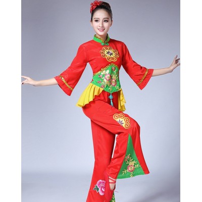 Chinese folk dance costumes for women female stage performance yange fan umbrella drummer dance dress