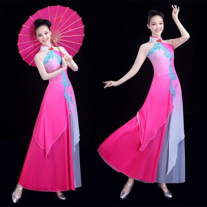 chinese folk dance costumes for women girls pink gradient colored fairy princess drama traditional classical fan umbrella dance dresses