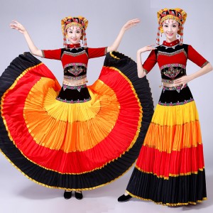Chinese folk dance costumes for women Hmong Miao minority red black stage performance drama photos cosplay dresses