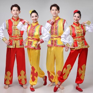 Chinese folk dance costumes for women men's red gold stage performance dragon lion drummer dance dresses