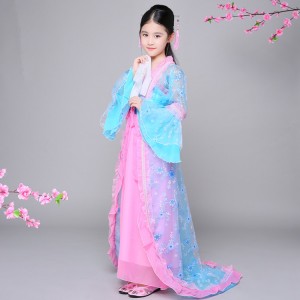 chinese folk dance costumes Girls blue with pink princess dress kids children hanfu fairy anime drama cosplay dress robes