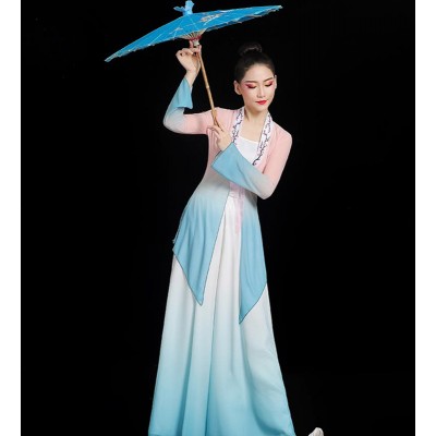 Chinese folk dance costumes green pink gradient colored fairy hanfu umbrella fan dance dresses rhyme gradient color gauze dance clothing female body practice clothes 