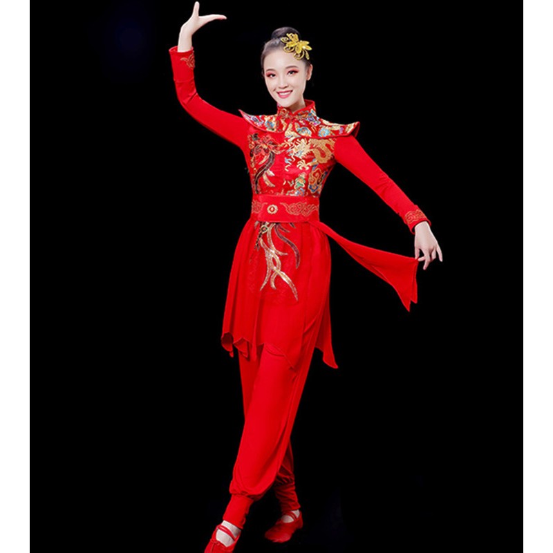 Chinese folk dance costumes Red dragon Drumming performance clothing for women chinese festive waist drum team water drum dance clothes yangko clothing suit