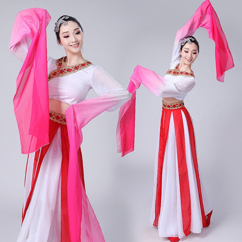 Chinese folk dance costumes waterfall sleeves fairy hanfu princess dress for women girls pink gradient Peacock Southeast Flying Classical Dance Elegant  Solo Dance Fairy Outfits