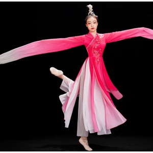 Chinese folk dance dress  for women girls fuchsia gradient colored waterfall Sleeves cassical fairy dance dress elegant Han Tang princess empress classical dance costumes