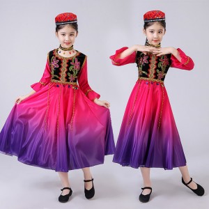 Chinese folk dance dresses for girls kids children pink red xinjiang dance Uighur minority stage performance dress