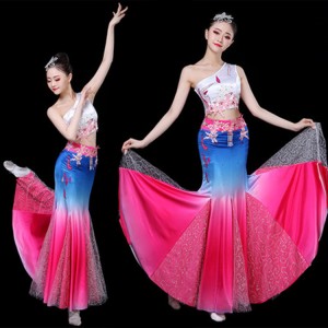 Chinese folk dance dresses for women girls oriental peacock belly dance pin colored stage performance competition costumes