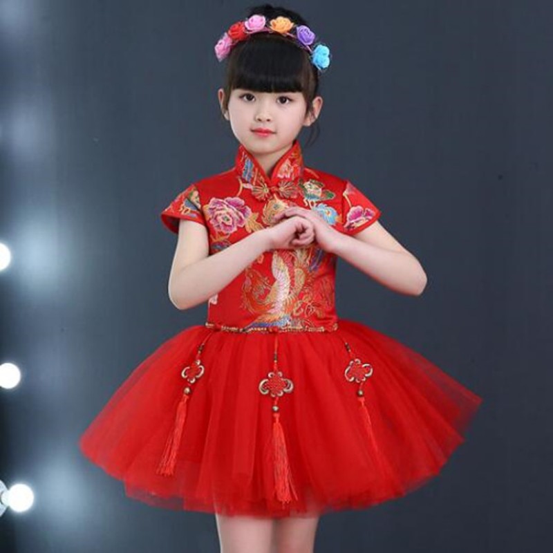 Chinese folk dance dresses  princess dress for girls kids China red dragon style show chorus stage performance dress costumes