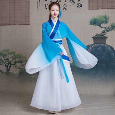 Chinese folk dance hanfu dresses blue red gradient ancient traditional stage performance fairy drama cosplay Japanese Korean kimonos dresses