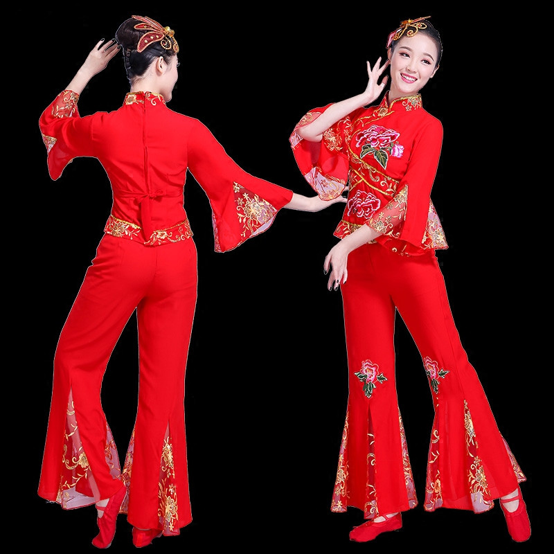 Chinese folk dance Yangko clothing for women Adult female ethnic fan dance waist drum fan umbrella performance costume