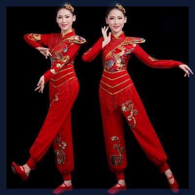 Chinese folk dance Yangko costume for women Chinese style drum red color lion dragon dance costumes waist drum stage performance clothing