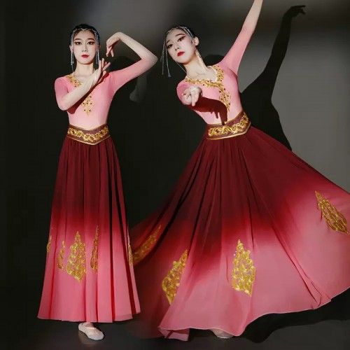 Chinese folk Xinjiang dance dresses for women girls wine Art test Uyghur minority performance clothing ethnic minority style dance clothes