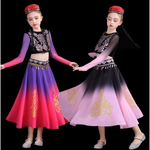 Chinese folk Xinjiang dance performance costumes for girls kids oriental Uyghur Guli Hui Kazakh tambourine performance dresses for children