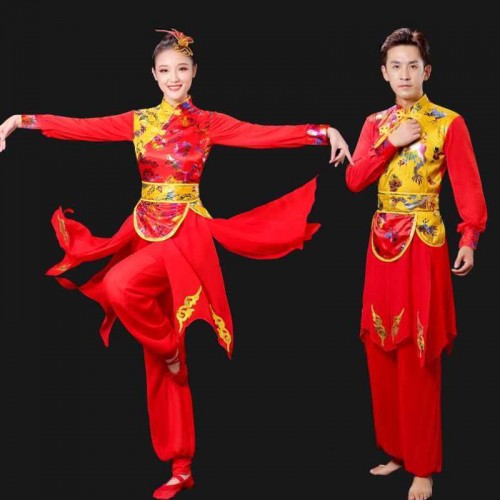 Chinese gold dragon chinese traditional folk dance costumes for women and men waist drums Opening dance gongs lion yangko dance Performance Costume