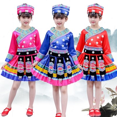 Chinese Miao hmong dance costumes for girls boys Zhuang costume Dong minority bamboo pole dance dress girl Tujia Yao