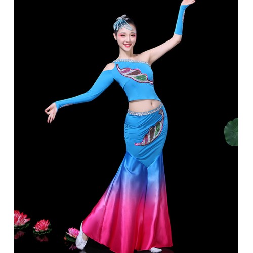 Chinese peacoc Dai dance dresses for women girls turquoise with pink Peacock dance mermaid dresses fishtail skirt belly dance ethnic minority performance costumes