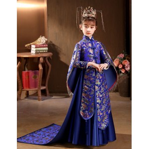 Chinese style girls royal blue Hanfu China ancient folk costumes Empress Queen cosplay dresses Chinese style Tang suit long-sleeved blue trailing dresses