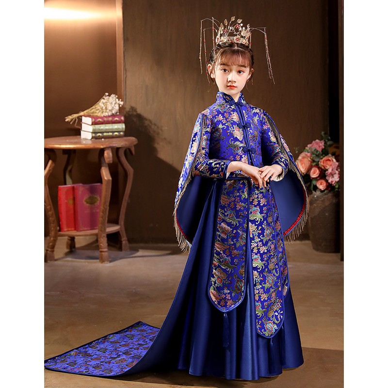 Chinese style girls royal blue Hanfu China ancient folk costumes Empress Queen cosplay dresses Chinese style Tang suit long-sleeved blue trailing dresses