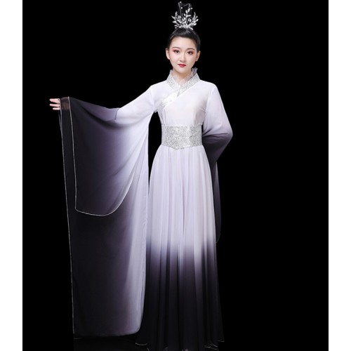 Chinese waterfall sleeves folk dance dress for women girls black with white gradient Hanfu fairy dress Classical dance performance costume