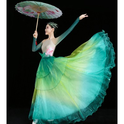 Chinese wind Green Gradient Fairy Chinese Folk Dance Dresses lotus leaf printed  long-sleeved umbrella fan classical dance stage wear classical performance clothes
