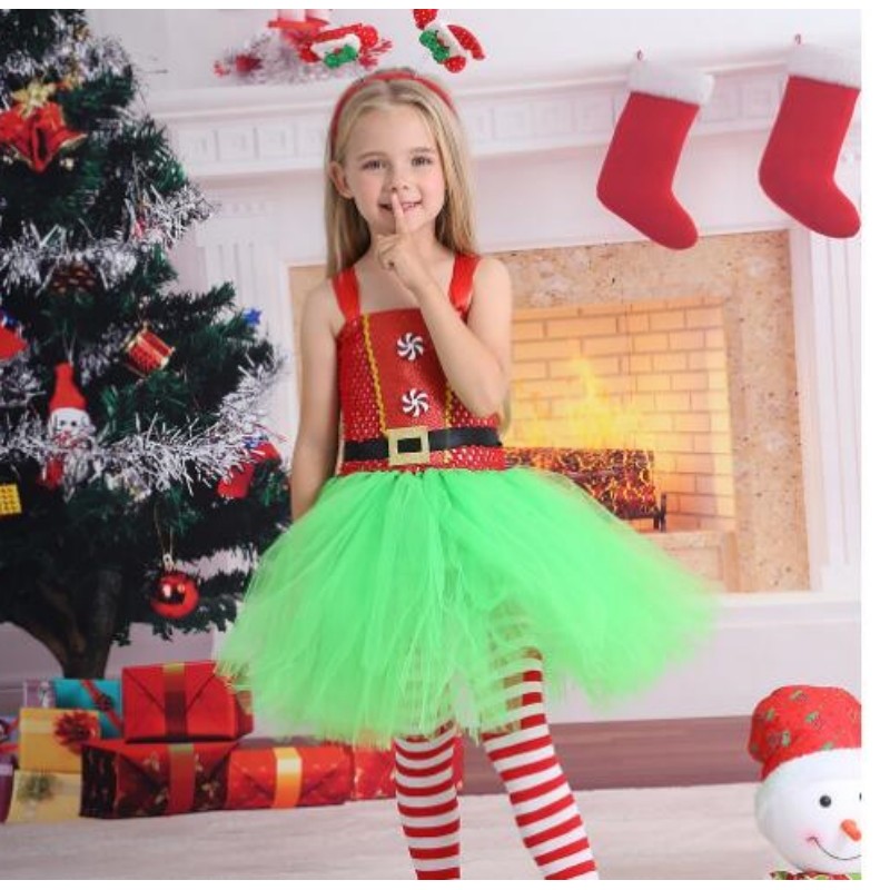 Christmas Party dress up tutu skirts ballet dress for kids girls princess dress European and American toddlers green mesh puffy skirt carnival new year holiday dress 