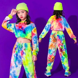 Colorful color girls hiphop dance costumes kids singers rapper gogo dancers street dance model show catwalk suit kids cheerleading dance outfits with hat for children
