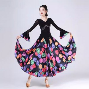 Colorful rose flowers flamenco ballroom dance dresses for women girls waltz tango foxtrot smooth dance long gown for female