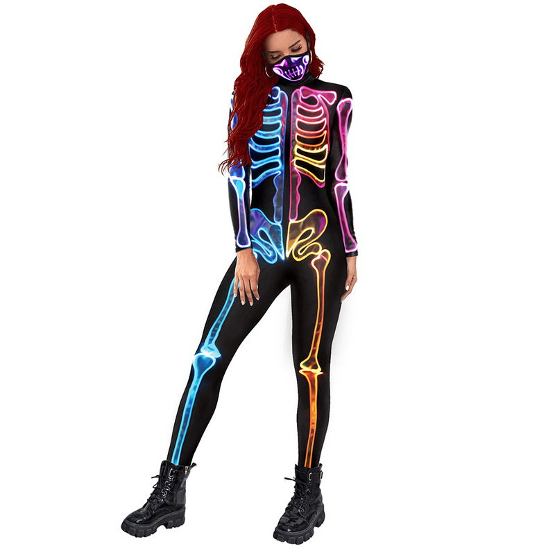Colorful skeleton printing cos Halloween party jumpsuits long-sleeved jazz dance bodysuits for women leggings tights not include masks