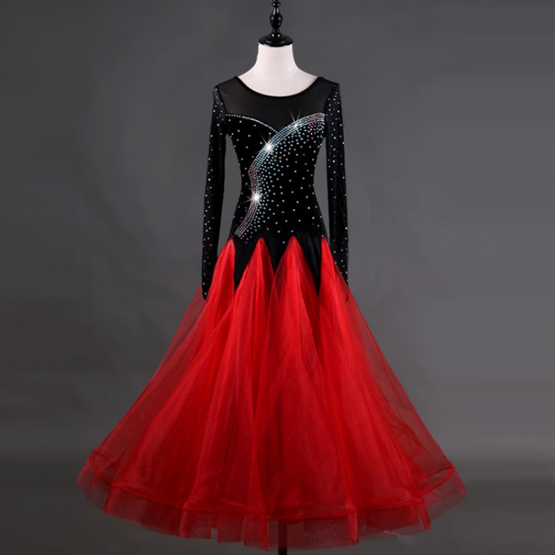 Competition ballroom dancing dresses  black with red for women girls children ballroom tango waltz performance long dresses