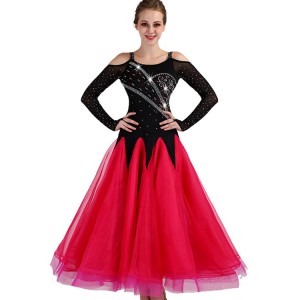 Competition ballroom dresses for women girls competition big skirted long length black and fuchsia professional waltz modern dress
