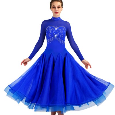 Competition ballroom dresses for women girls royal blue rhinestones stage performance waltz tango professional long sleeves dancing dresses